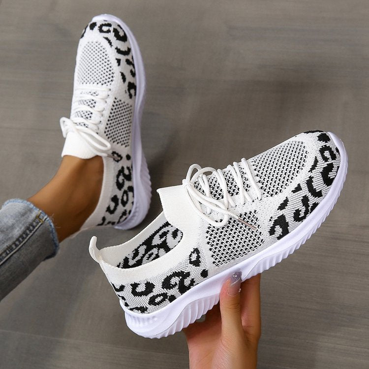 White Shoes Women Leopard Print Lace-up Sneakers Sports See size chart under “more details”