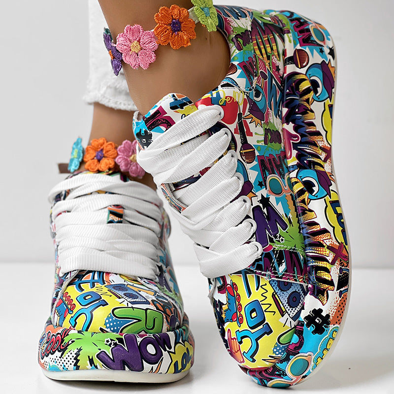 Women's Casual Round Toe Thick Sole Lace-Up Sneakers, Random Print Design, Comfortable Sporty Shoes For Daily Wear See size chart under “more details”
