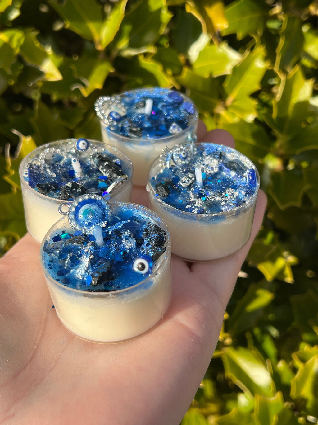 Evil Eye Protection Candles Vegan Witchcraft Pagan Gift Loaded Tea Light Spell Ritual Altar Intention Crystal Lapis Lazuli Black Tourmaline