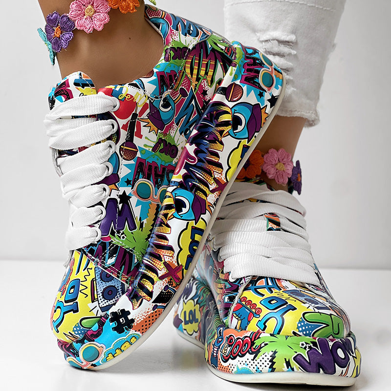Women's Casual Round Toe Thick Sole Lace-Up Sneakers, Random Print Design, Comfortable Sporty Shoes For Daily Wear See size chart under “more details”