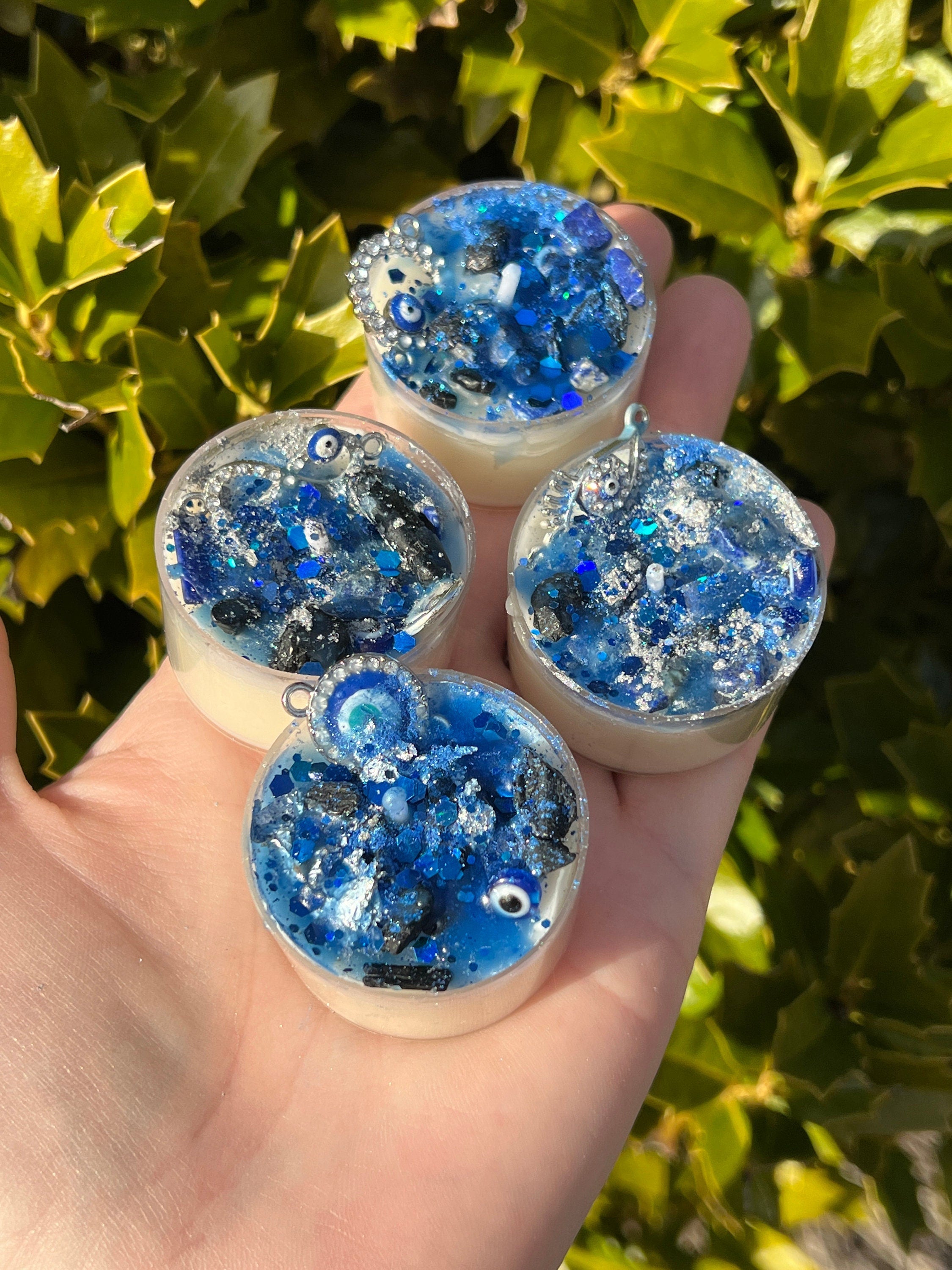 Evil Eye Protection Candles Vegan Witchcraft Pagan Gift Loaded Tea Light Spell Ritual Altar Intention Crystal Lapis Lazuli Black Tourmaline