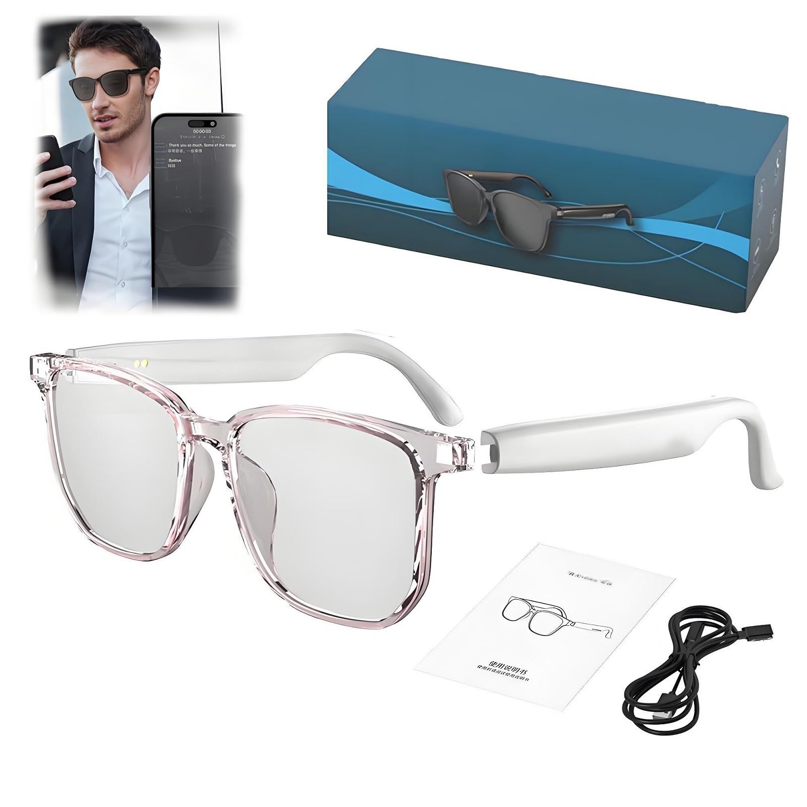 Hy C8 PRO Multifunctional AI Bluetooth Smart Glasses Hy-C8 Pro Smart Glasses with Camera 2025 New Wireless Headphone Ai Smart Smart Glasses for Listening to Music & CallingSupport 75 Languages(Whit