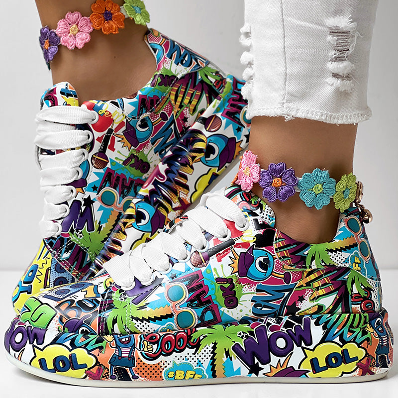 Women's Casual Round Toe Thick Sole Lace-Up Sneakers, Random Print Design, Comfortable Sporty Shoes For Daily Wear See size chart under “more details”