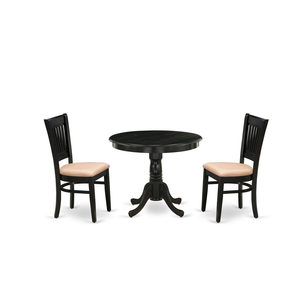 EAST WEST FURNITURE - ANVA3-BLK-C - 3-Pc Kitchen Dining Set- 2 Wood Chair and Kitchen Dining Table - Linen Fabric Seat and Slatted Chair Back (Black Finish)