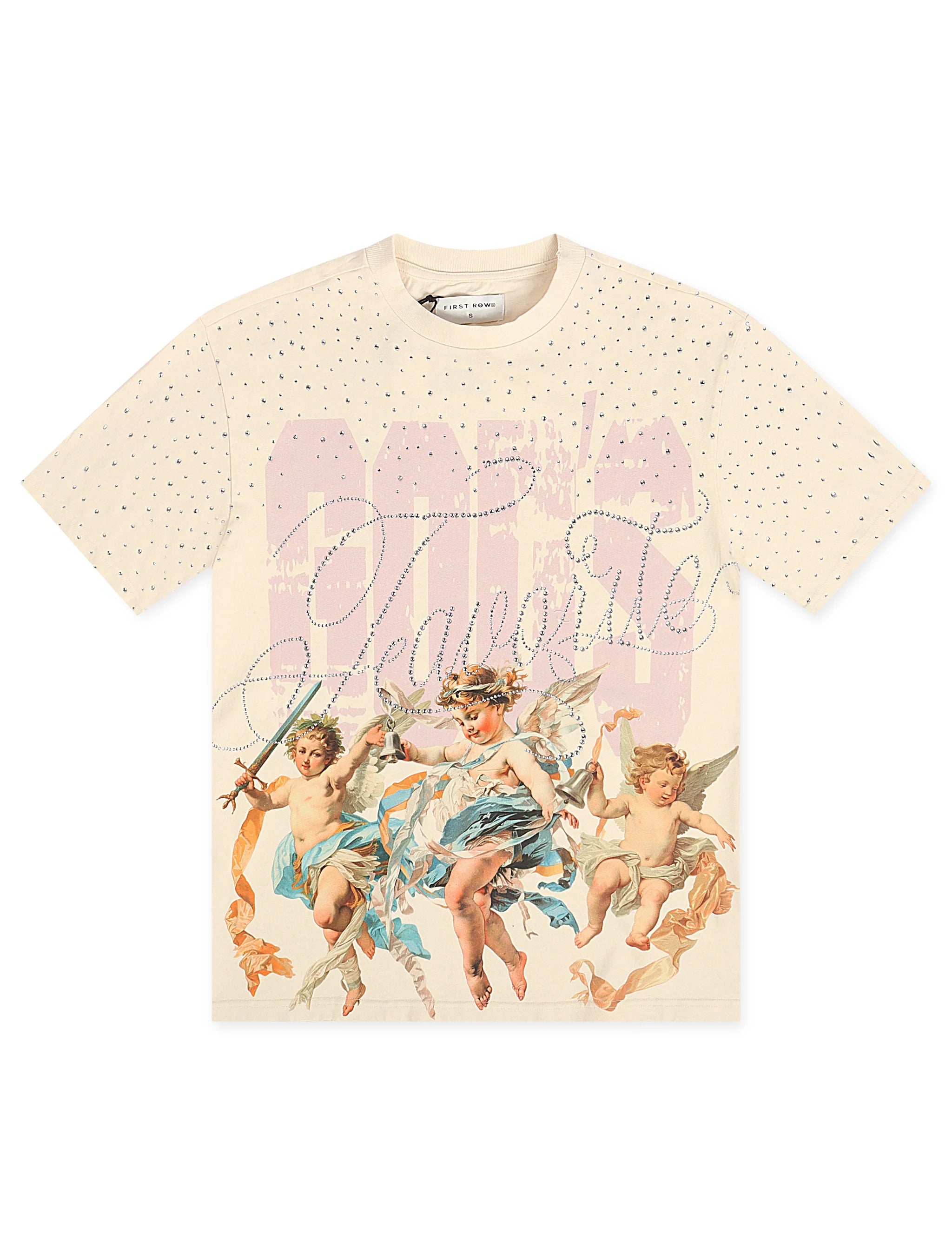First Row Cropped Washed Rhinestone Tee - Cream