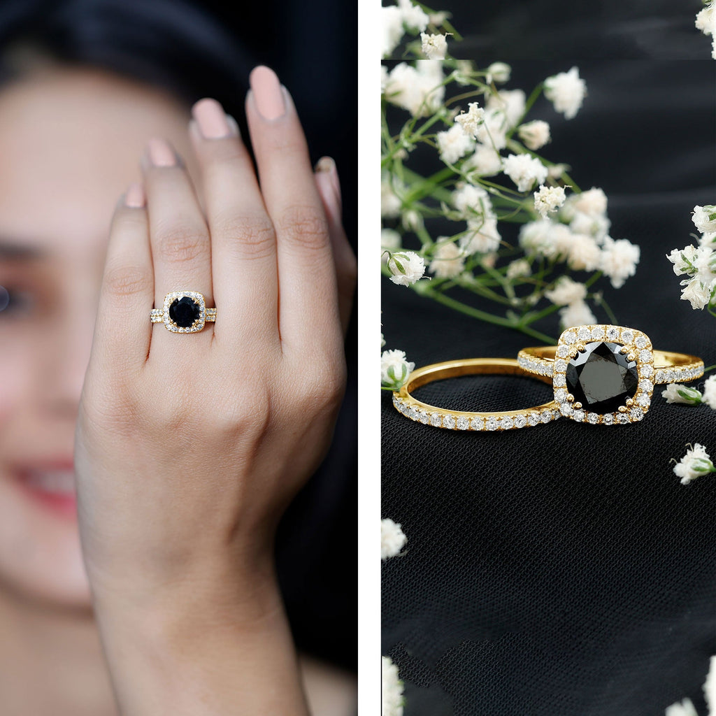 Certified 2 Carat Lab Grown Black Diamond Halo Engagement Ring with Moissanite Wedding Band