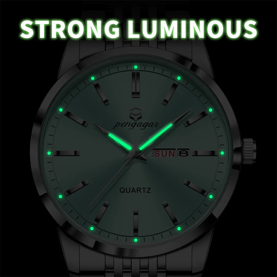 PENGAGAR Luxury Watch For Man Waterproof Luminous Date Week Stainless Steel Men Watch Casual Quartz Men's Watches Male Clock+box