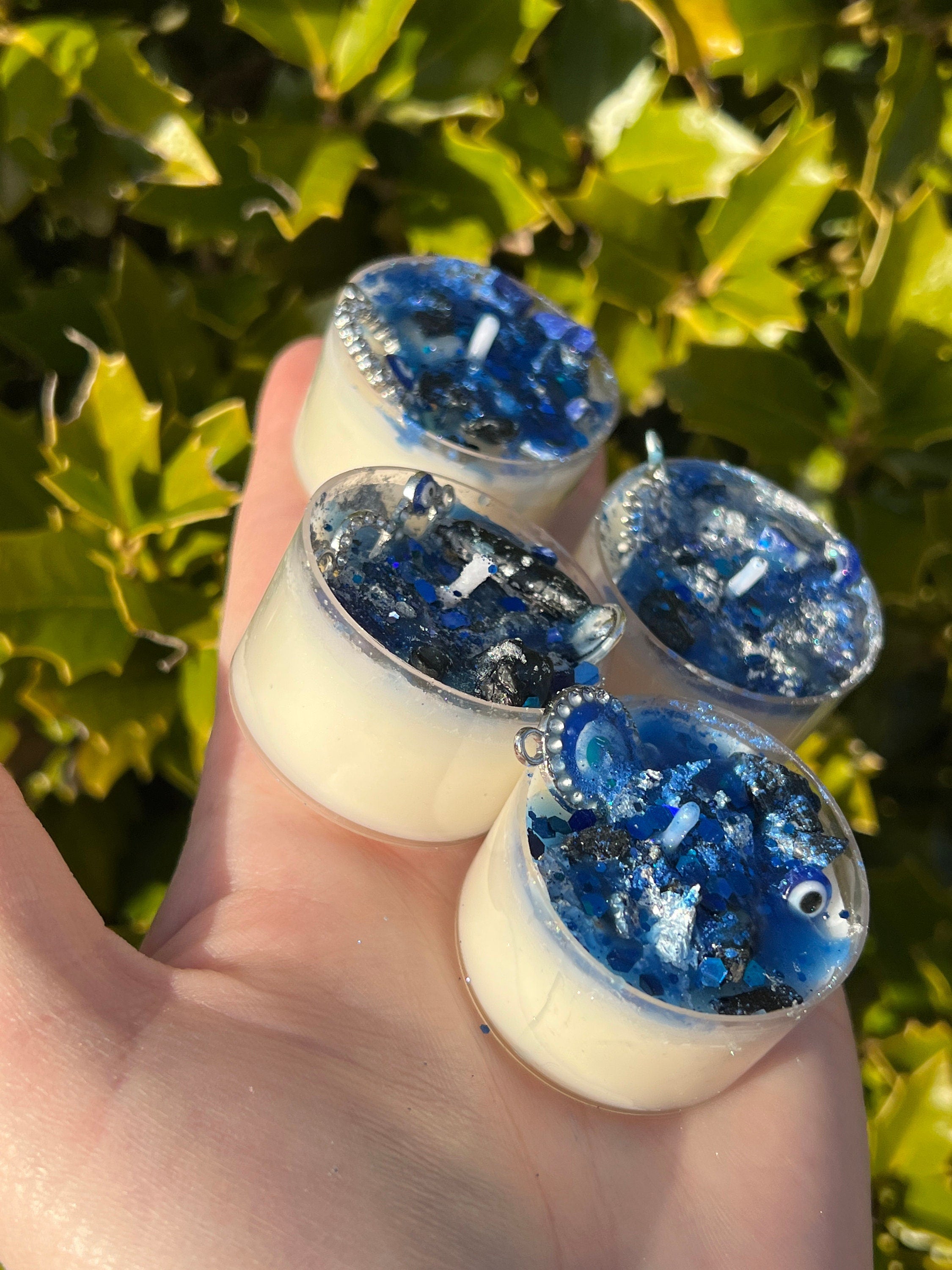 Evil Eye Protection Candles Vegan Witchcraft Pagan Gift Loaded Tea Light Spell Ritual Altar Intention Crystal Lapis Lazuli Black Tourmaline