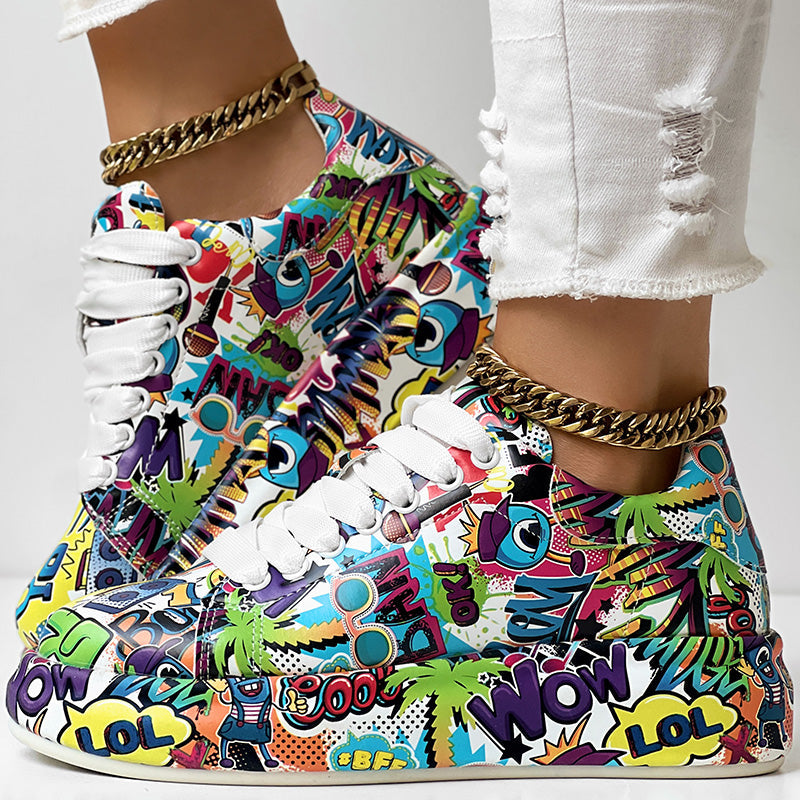 Women's Casual Round Toe Thick Sole Lace-Up Sneakers, Random Print Design, Comfortable Sporty Shoes For Daily Wear See size chart under “more details”