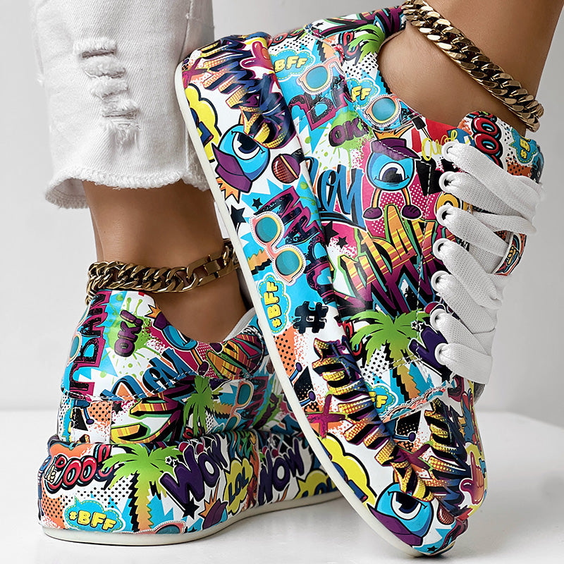Women's Casual Round Toe Thick Sole Lace-Up Sneakers, Random Print Design, Comfortable Sporty Shoes For Daily Wear See size chart under “more details”